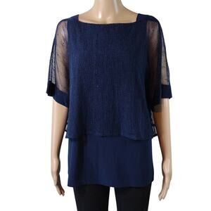 Allison Daley Navy Blue Formal Business Casual Sequins Night Flowy Shirt Size M